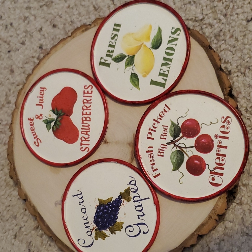 Kathy Hatch Collection Fruit Label Design Coasters Set of 4 Round Metal